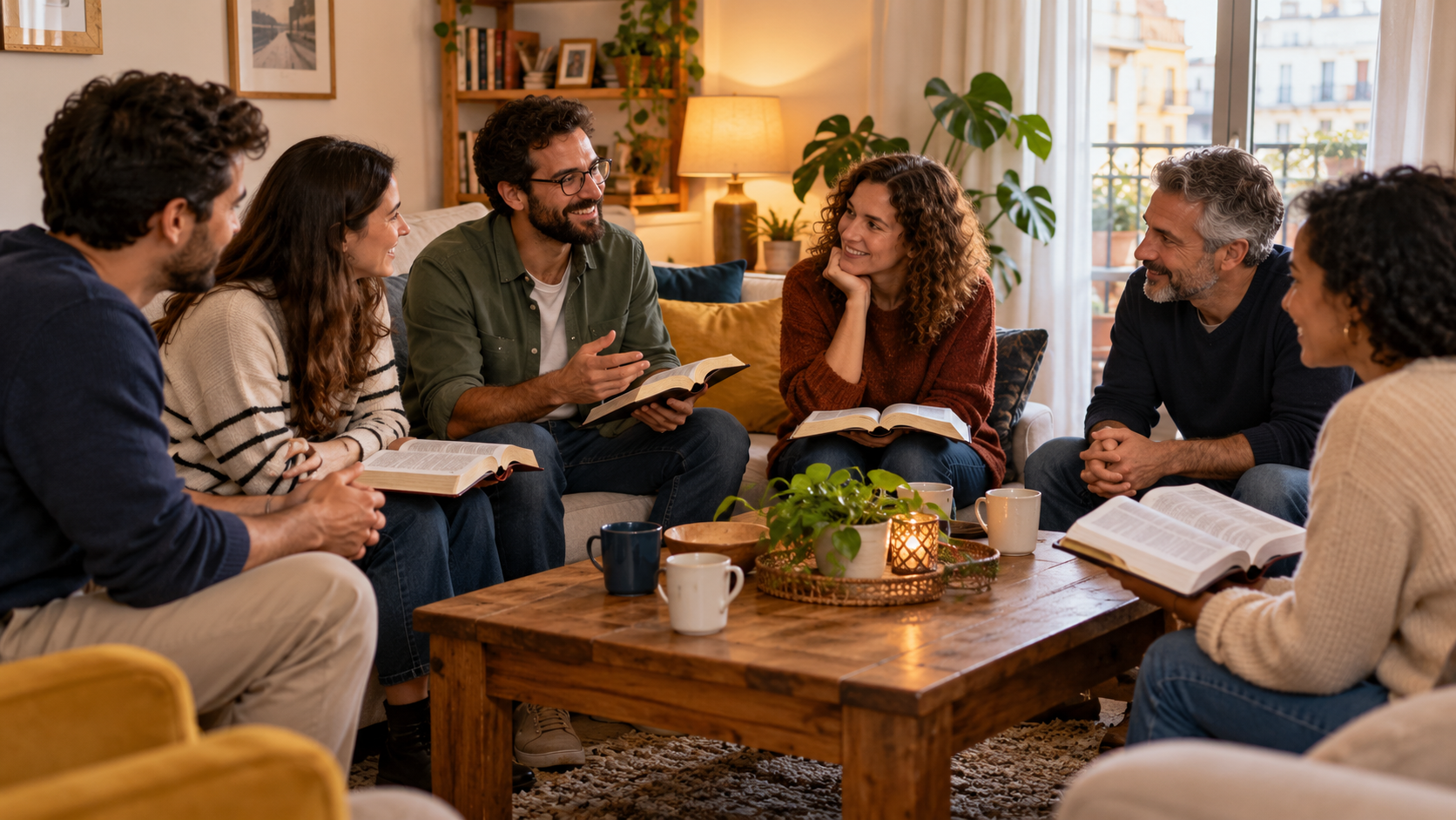 Grupo casero reunido en un hogar con Biblias abiertas